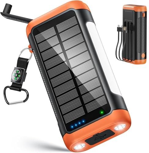 DJKK Solar Power Bank Portable Charger:66800mAh Built in Hand Crank and 3 Cables 22.5W Fast Charging Phone External Battery Pack(5 Outputs & 5 Inputs) with Camping Flashlights/Table Lamp/Compass