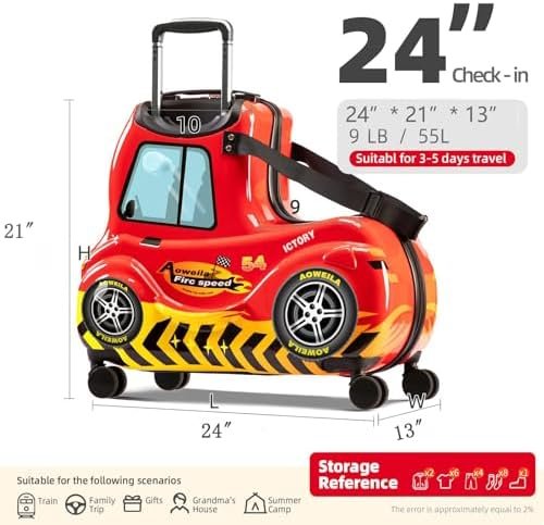 Kids Checked Ride on Luggage, 24 Inch Large Suitcase for Teens, Hardside Spinner Trunk with 360 Wheels, International Travel, Red car - Image 3