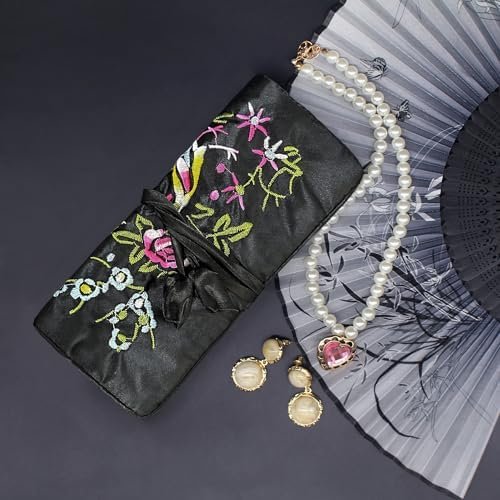 Wei Long Jewelry Roll, Travel Jewelry Roll Bag,Silk Embroidery Brocade Jewelry Organizer Case with Tie Close (Blossom, Black) - Image 6