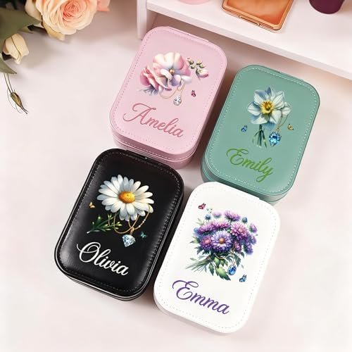 CALLIE Personalized Travel Jewelry Box for Women, Retro Gemstone Birth Flower PU Leather Jewelry Organizer Case with Name and LED Mirror, Valentine’s Day Birthday Gifts for Mom Sister Daughter Wife - Image 3