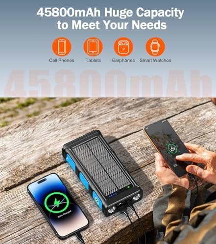 GOODaaa Power Bank Wireless Charger 45800mAh Built in Hand Crank and 4 Cables 15W Fast Charging Power Bank 7 Outputs & 4 Inputs Solar Portable Charger, SOS/Strobe/Strong Flashlights, Compass - Image 3