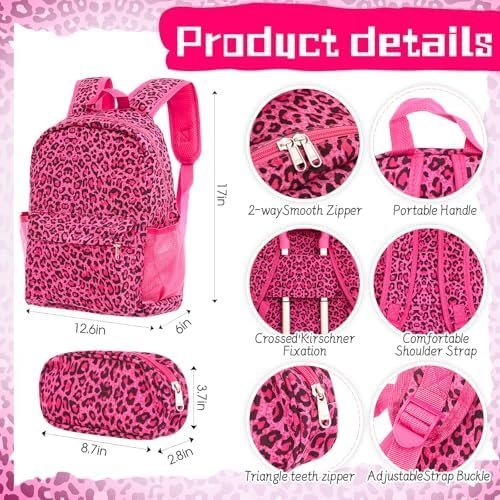 Redbaker 17 Inch 6 Pcs Kids Luggage Set Kids Rolling Luggage Double Pattern Suitcase for Boys Girls (Hot Pink, Leopard Print Style) - Image 4
