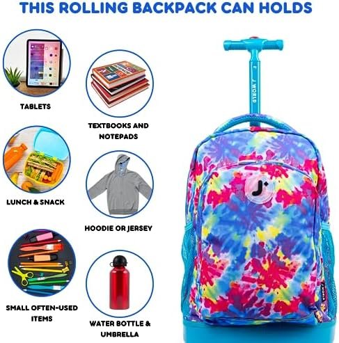 J World Sunny Rolling Backpack for Kids. Roller Bag With Wheels, Tie Dye - Image 6