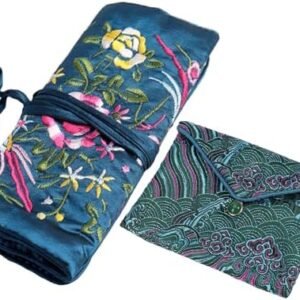 2pcs Embroidery Jewelry Roll 2 Styles Jewelry Silk Purse Pouchs Damask Cloth Roll Brocade Organizer with Snap Button and Zipper Small Gift Bags for Travel Storage Jewelry/Peacock Green