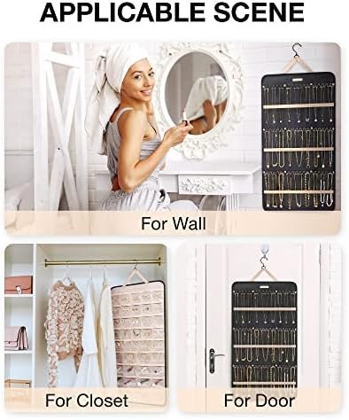 BAGSMART Hanging Jewelry Organizer Storage Roll with Hanger Metal Hooks Double-Sided Jewelry Holder for Earrings, Necklaces, Rings on Closet, Wall, Door, 1 piece, Extra Large, Black - Image 6