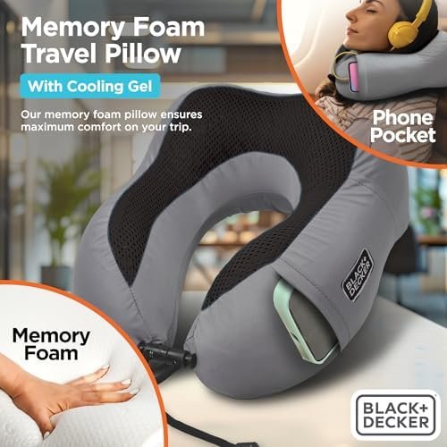 BLACK+DECKER Cooling Gel Memory Foam Neck Pillow – Travel Pillow for Plane, Car & Train – Ergonomic Neck Support, Slow Rebound Memory Foam, Washable Cover, Universal Fit, Grey - Image 3