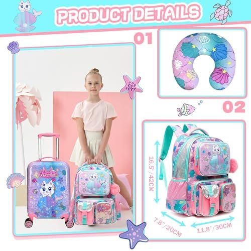 Cute Cat Kid's Luggage Set - 5 Piece Hardside Suitcase Set with Spinner Wheels - Airline Approved - Image 3