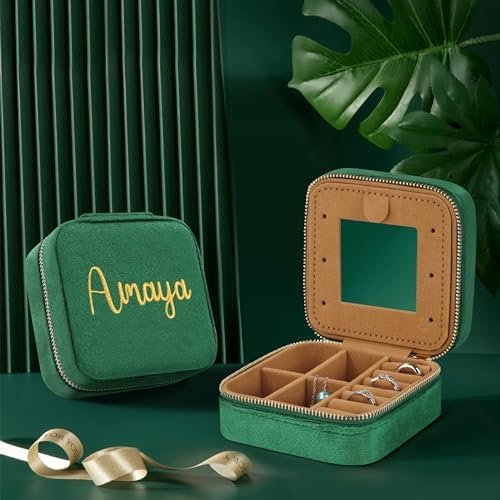 Amaya Travel Jewelry Case & Organizer For Mothers Day, Anniversary, Christmas - Green Name Box For Women's Bestie with Mirror & Mirror - Image 4