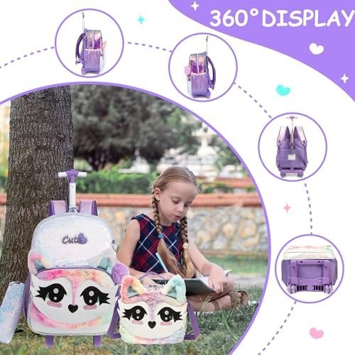 Meetbelify Rolling Backpack for Girls Backpacks with Wheels for Elementary School Students Kids 3 in 1 Travel Luggage Suitcase with Lunch Box Pencil Case for Girls Age 8-10 Cute Panda - Image 4