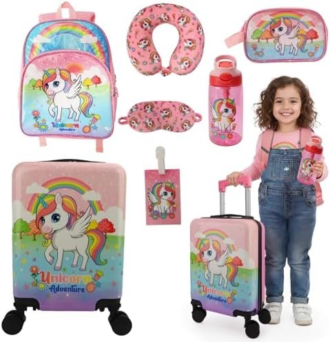 emissary 7pcs Unicorn Girl’s Luggage Set with wheels – Rolling Luggage, Backpack, Eye Mask, Toiletry Bag, Suitcase Tag, Neck Pillow & Water Bottle – Carry Luggage for Kids & Girls with Wheels