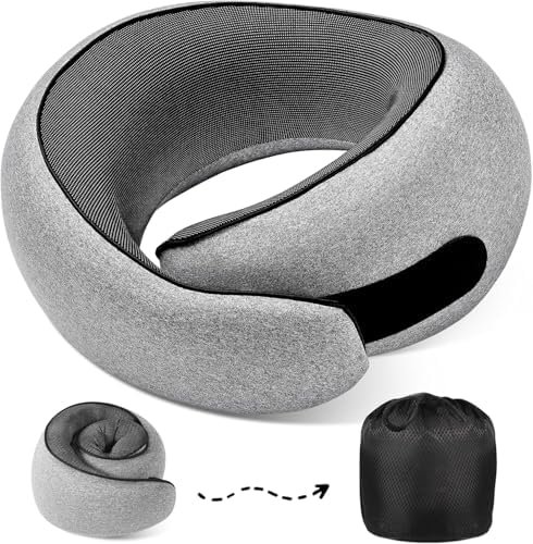 Travel Neck Pillows, 100% Memory Foam Filling, Travel Pillows for Airplanes, Compact and Ergonomic Design, Best for Sleeping Plane Train Travel Essentials (Light Grey)