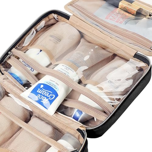 NISHEL Travel Toiletry Bag for women, Portable Hanging Organizer for Travel-Sized Shampoo, Conditioner, Brushes Set, makeup Accessories, Medium Size, Black - Image 6