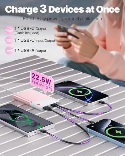 Portable Charger Power Bank, 10000mAh 22.5W PD Super Fast Charging Powerbank with Built-in USB C in&Out Cable, Slim External Phone Battery Pack for iPhone 17/16 Samsung S24 Android etc (Pink) - Image 3
