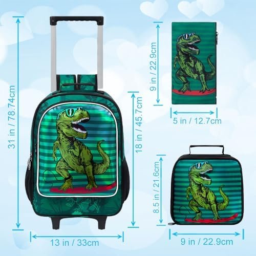 gxtvo Rolling Backpack for Boys, Roller Bookbag With Wheels - Wheeled Elementary School Bag - 3PCS Dinosaur - Image 4