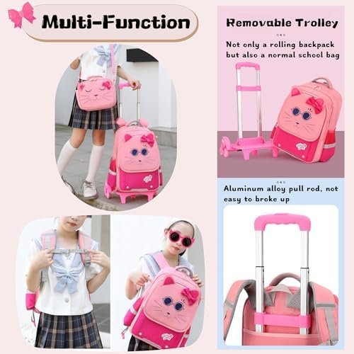 2Pcs Girls Rolling Backpack, Cute Cat Face Kids School Bag Bookbag Roller Backpack for Girls with 6 Wheels, 2Pcs-Rose - Image 5