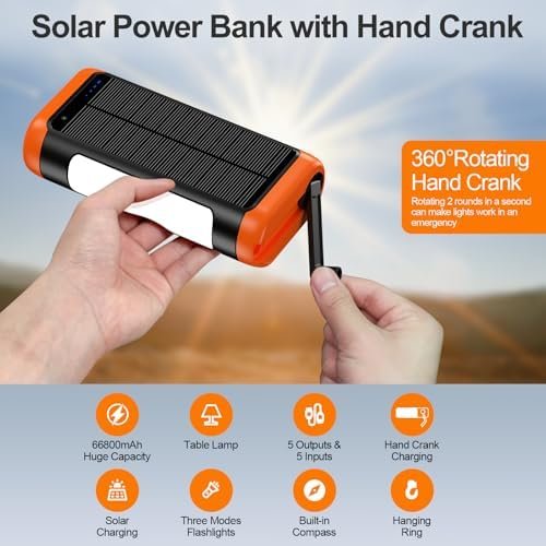 DJKK Solar Power Bank Portable Charger:66800mAh Built in Hand Crank and 3 Cables 22.5W Fast Charging Phone External Battery Pack(5 Outputs & 5 Inputs) with Camping Flashlights/Table Lamp/Compass - Image 2