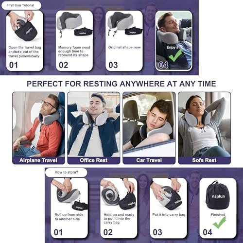 napfun Neck Pillow for Traveling, Upgraded Travel Neck Pillow for Airplane 100% Pure Memory Foam Travel Pillow for Flight Headrest Sleep, Portable Plane Accessories, Light Grey - Image 5