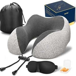 MLVOC Travel Pillow 100% Pure Memory Foam Neck Pillow, Comfortable & Breathable Cover, Machine Washable, Airplane Travel Kit with 3D Sleep Mask, Earplugs, and Luxury Bag,Standard (Grey)