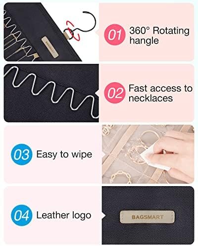 BAGSMART Hanging Jewelry Organizer Storage Roll with Hanger Metal Hooks Double-Sided Jewelry Holder for Earrings, Necklaces, Rings on Closet, Wall, Door, 1 piece, Medium, Black - Image 4