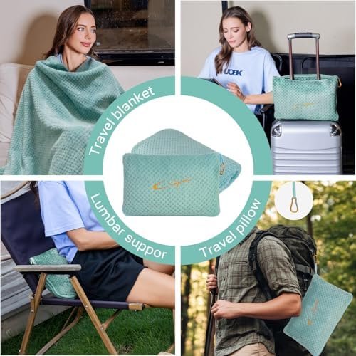 Travel Blanket Pillow-Premium Soft 2 in 1 Airplane Blanket for Long Trips Essentials with Bag Pillowcase, Hand Luggage Sleeve and Backpack Clip (Mint Green) - Image 2