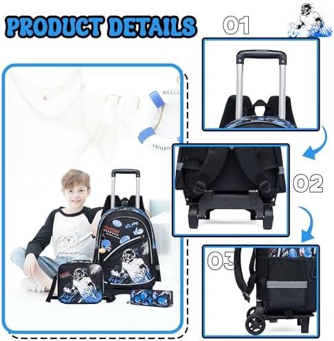 Meetbelify Kids Football Backpacks with Wheels for Boys Football Rolling Backpack with Lunch Box for Elementary Students Black Trip Luggage for Boys Ages 6-8 - Image 4