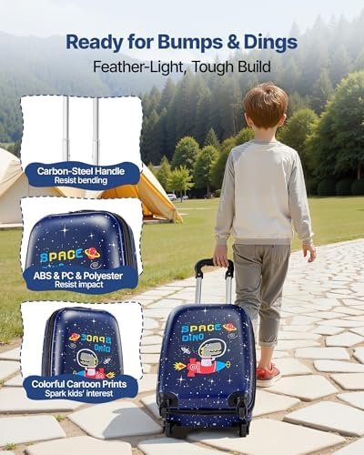 VEVOR Kids Luggage Set, 2 Piece, 18 Inch Hardside Rolling Wheels Suitcase with Hard-Shell Backpack, Dinosaur Kids Carry on Luggage Set, Holiday Birthday Gift for Girls & Boys, Airline Approved - Image 6