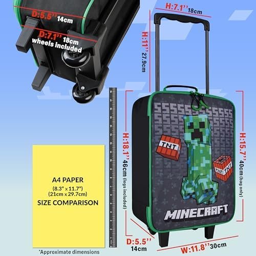 Minecraft Kids Luggage with Wheels Foldable Rolling Suitcase Creeper Travel Bag Vacation Weekend Trips Travel Essentials (L18.1inch x W11.8inch - 15L, Black) - Image 2