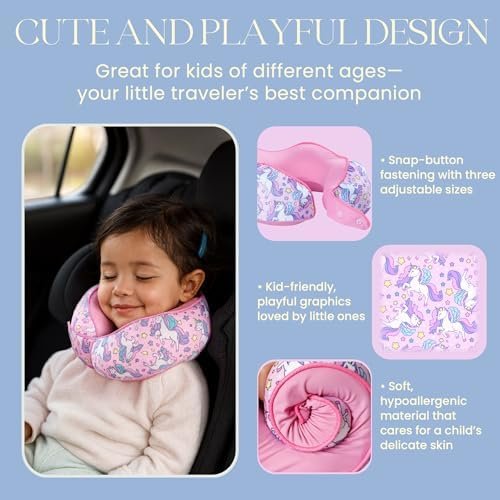 SKYTRAX® Certified Kids Safe Memory Foam Travel Neck Pillow for Kids and Toddlers, Cute Cartoon Design, Car Seat & Airplane Head Neck Support, Adjustable Snap Button, Washable Soft Cover (Unicorn) - Image 7