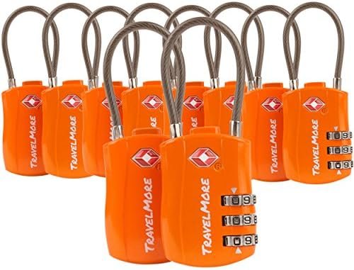 TravelMore 10 Pack TSA Approved Travel Combination Cable Luggage Locks for Suitcases - Orange