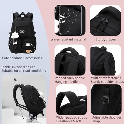 Girls Boys Rolling Backpack with Wheels, Girls Backpack with Wheels for School, Kids Carry-on Luggage Wheeled School Bag Roller Trolley Bookbag, White - Image 5