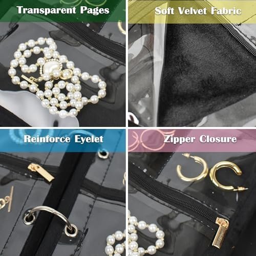 Travel Jewelry Organizer Case,Jewelry Bags Jewelry Storage Book Binder with Clear Zipper Velvet Pouch for Traveling,Earrings, Rings, Necklace, Bracelet - Image 4