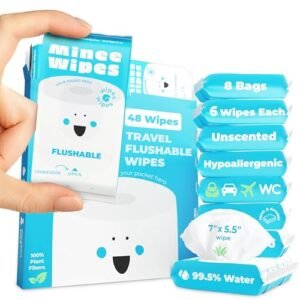 Impossibly Compact Travel Flushable Wipes - 99.5% Water and Aloe - Safe for Sensitive Skin, Hypoallergenic & Unscented - Travel Essentials for Adults, Kids & Baby Care - 8 Pack Total 48 Wipes