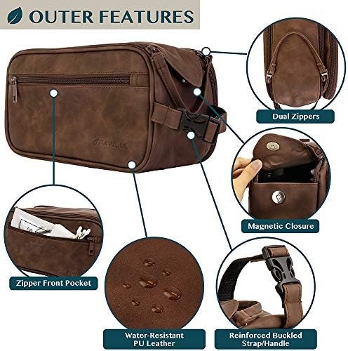 PAVILIA Toiletry Bag for Men, Travel Essentials Shaving Dopp Kit, Mens Travel Bag Toiletries Organizer Case for Grooming, PU Leather Water Resistant Cosmetic Bag Pouch (Dark Brown) - Image 3