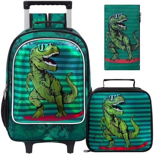 gxtvo Rolling Backpack for Boys, Roller Bookbag With Wheels - Wheeled Elementary School Bag - 3PCS Dinosaur