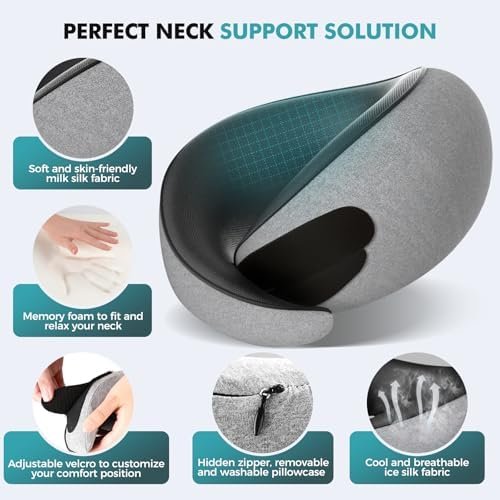 Travel Neck Pillows for Airplanes - 360° Ergonomic Memory Foam Travel Pillow - Relief Neck Pain with Breathable Support for Long Flights, Car, Train & Office Use - Adults & Kids (Gray) - Image 5