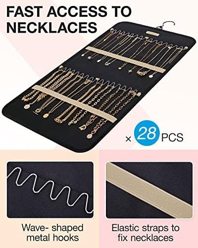 BAGSMART Hanging Jewelry Organizer Storage Roll with Hanger Metal Hooks Double-Sided Jewelry Holder for Earrings, Necklaces, Rings on Closet, Wall, Door, 1 piece, Medium, Black - Image 2