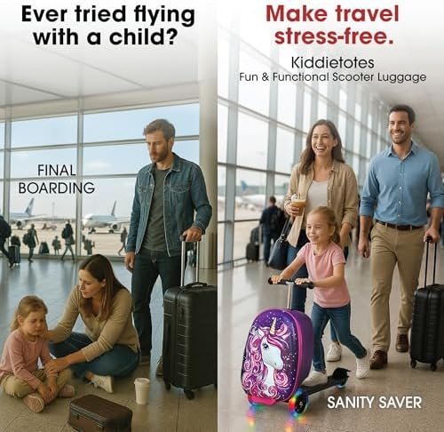 KIDDIETOTES Ride-On Scooter Suitcase for Kids – Hardside Lightweight Carry-On Luggage with Foldable Scooter, LED Wheels, Travel Fun for Toddlers & Children - Image 3