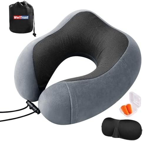 Memory Foam Travel Neck Pillow for Airplane - Ergonomic Support with Adjustable Buckle, Eye Mask & Ear Plugs Included, Machine Washable Cover for Long Flights, Car Rides & Office Use