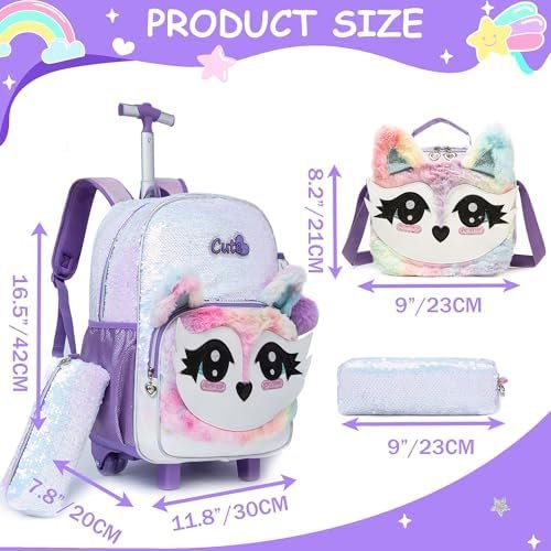 Meetbelify Rolling Backpack for Girls Backpacks with Wheels for Elementary School Students Kids 3 in 1 Travel Luggage Suitcase with Lunch Box Pencil Case for Girls Age 8-10 Cute Panda - Image 2