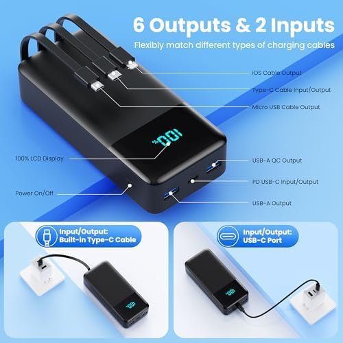 Portable Charger 50800mAh Power Bank with 3 Built in Cables,25W PD QC4.0 Fast Charging USB C Battery Pack,6 Outputs 2 Inputs Travel Essentials Portable Phone Charger for iPhone 17/16/15,Google,Android - Image 5