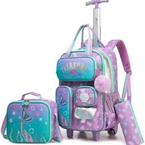 Mermaid Rolling Backpack with Wheels for Girls School Rolling Backpack Kids Travel Luggage for Girls Ages 5-12