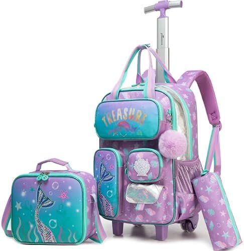 Mermaid Rolling Backpack with Wheels for Girls School Rolling Backpack Kids Travel Luggage for Girls Ages 5-12