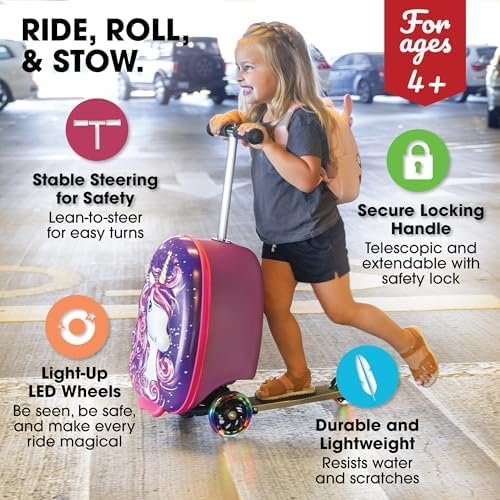 KIDDIETOTES Ride-On Scooter Suitcase for Kids – Hardside Lightweight Carry-On Luggage with Foldable Scooter, LED Wheels, Travel Fun for Toddlers & Children - Image 2