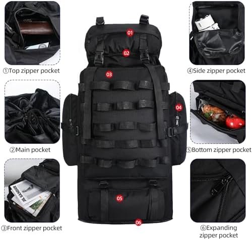 70L/100L Camping Hiking Backpack with Rain Cover, Expandable Large Military Tactical Backpack, Waterproof Molle Racksack Travel Backpacking Daypack for Climbing Trekking (Black) - Image 3