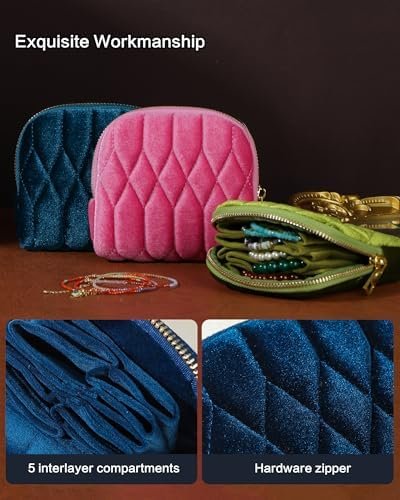 Small Travel Jewelry Case, Mini Travel Jewelry Bag with Zipper, 5-Layer Velvet Organizer Pouch for Bracelet Rings Earrings - Diamond Stitched Velvet Teal Blue - Image 4