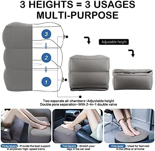 JefDiee Inflatable Foot Rest Pillow, Kids Airplane Bed, Adjustable 3 Layers Height Leg Rest Pillow, Airplane Travel Essentials Great for Office, Home, Trains, Cars - Image 2
