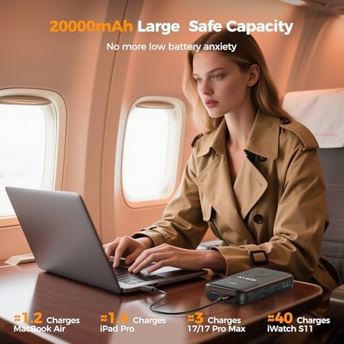 PANDUK Power Bank 20000mAh 65W Laptop Portable Charger for Apple Watch Built-in Cables, USB C Fast Charging Battery Pack LED Display, Travel Essentials for MacBook iPad Tablet iPhone 17 Galaxy S25 - Image 5