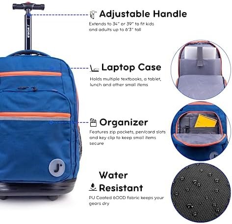 J World Sundance Laptop Rolling Backpack for Girls Boys. Roller Bookbag with Wheels, Navy - Image 5