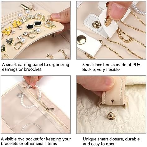 Voova Travel Jewelry Holder Organizer Case, Large Jewelry Storage Bag for Women Girls, Foldable Traveling Jewellery Pouch Roll for Necklaces Rings Earrings Bracelets, Apricot - Image 3