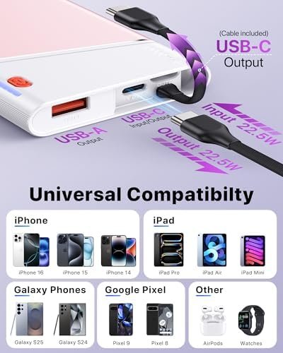 Portable Charger Power Bank, 10000mAh 22.5W PD Super Fast Charging Powerbank with Built-in USB C in&Out Cable, Slim External Phone Battery Pack for iPhone 17/16 Samsung S24 Android etc (Pink) - Image 7